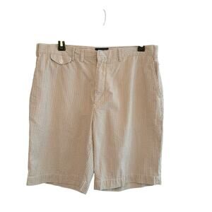 Ralph Lauren Rugby Shorts Size 36 x 9 inch Tan White Stripe Seersucker Cotton